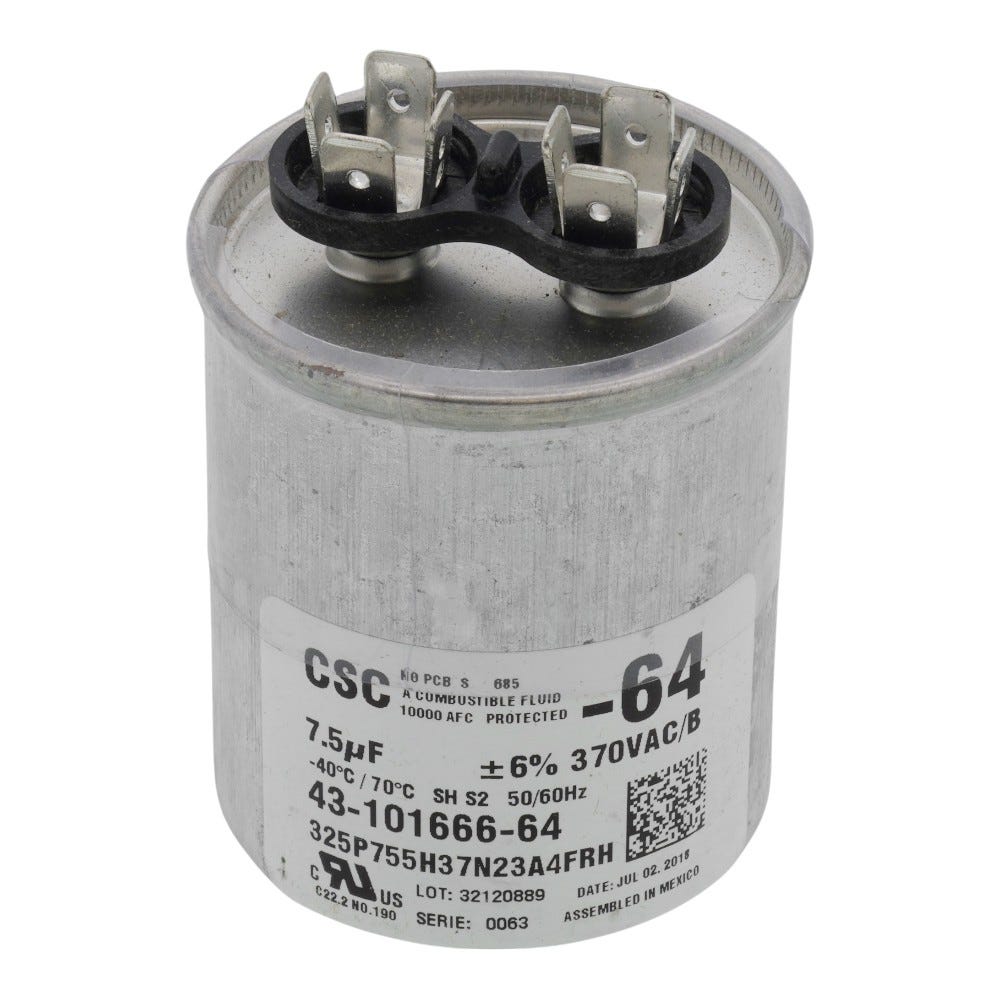 Rheem Run Capacitor, 7.5 MFD, 370V, Round