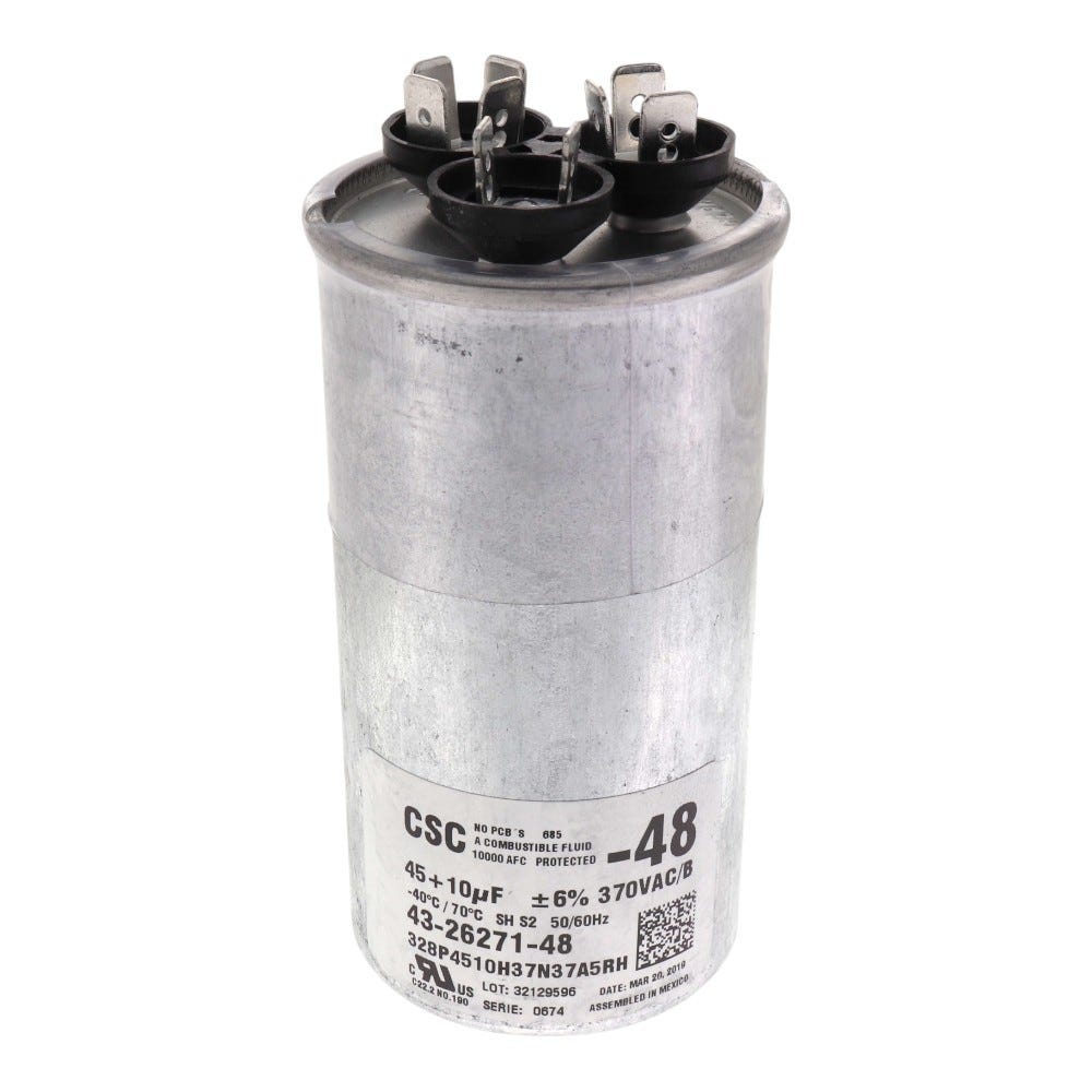 Rheem Dual Run Capacitor, 45+10 MFD, 370V, Round