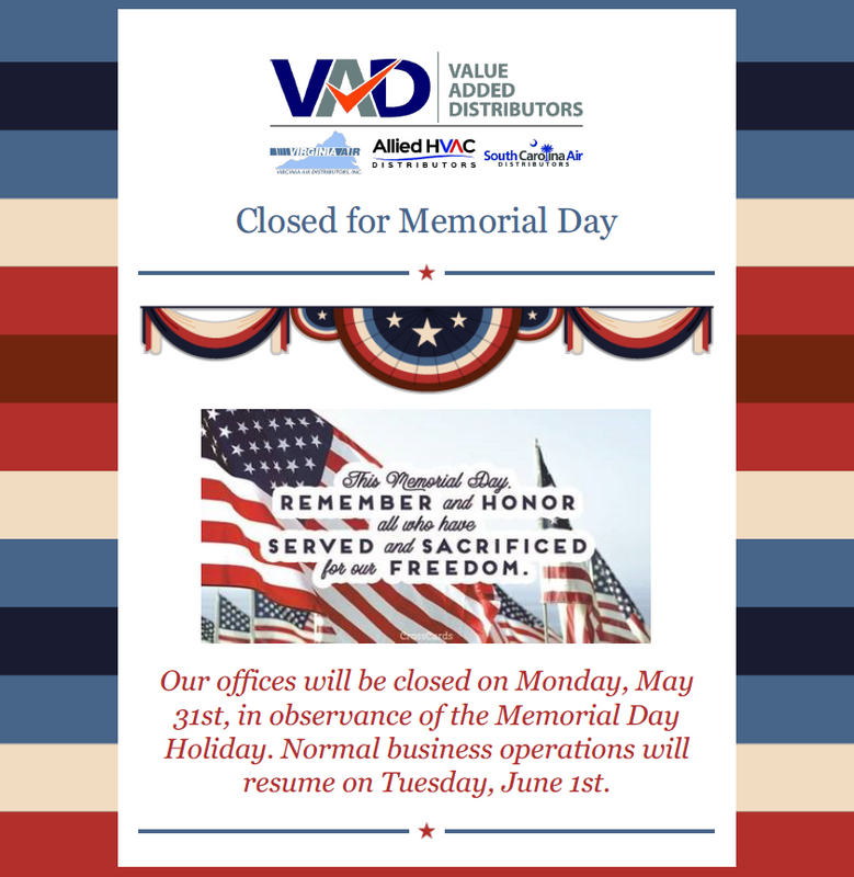 VAD Closed for Memorial Day 2021